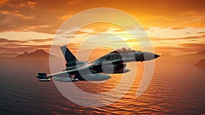 F-16 air force fighter flying over the ocean, beautiful sunset over horizon on the background. Jet military aircraft