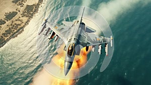 F-16 air force fighter flying over the sea at super low altitude. Jet military aircraft launching missiles, makes a