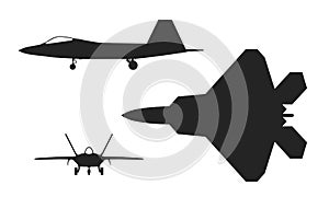 F-22 raptor fighter jet. side and front view. usa air force and army symbol. isolated vector image for military design