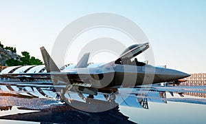 F 22 raptor, military fighter jet. military base. sunset. 3d rendering.