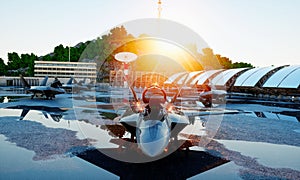 F 22 raptor, military fighter jet. military base. sunset. 3d rendering.