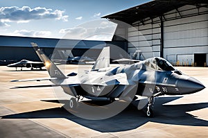 F-22 Raptor Stationed within the Shadowy Confines of a Vast Military Hangar: Spotlights Cascading Dramatic Illumination