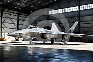 F-22 Raptor Stationed within the Shadowy Confines of a Vast Military Hangar: Spotlights Cascading Dramatic Illumination