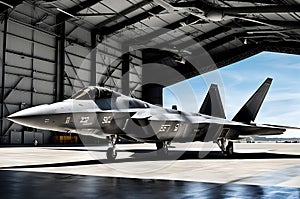 F-22 Raptor Stationed within the Shadowy Confines of a Vast Military Hangar: Spotlights Cascading Dramatic Illumination