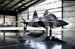 F-22 Raptor Stationed within the Shadowy Confines of a Vast Military Hangar: Spotlights Cascading Dramatic Illumination