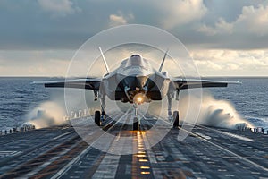 F-35 Lightning II fighter jet in hover mode on aircraft carrier at sea