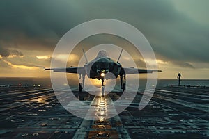 F-35 Lightning II jet on final approach at sunset with clear runway