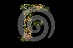 F alphabet letter made out of leaves plants and flowers isolated on black background illustration generative ai
