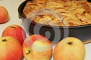 F baked Apple pie ina baking dist is isolated on a background.