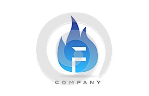 F blue fire flames alphabet letter logo design. Creative icon template for company and business