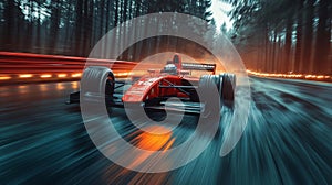 Formula 1 Car Racing Through Forest in Wet Conditions with High Speed photo