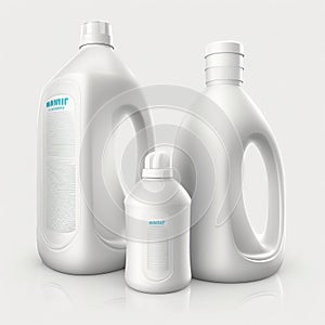 f detergent plastic bottles with chemical cleaning product on white background
