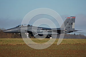 F15E from Lakenheath airbase at GB waiting of the take off clearance at Florennes airbase