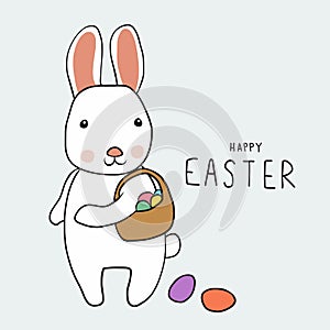 White rabbit and colorful Easter eggs basket, Happy Easter cartoon illustration