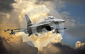F-16 Fighting Falcon fighter jet model against dramatic clouds photo