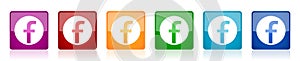F letter logo icon set, square glossy vector buttons in 6 colors options for webdesign and mobile applications