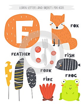 F letter objects and animals including fox, feather, fish, fork, fire, frog. Learn english alphabet, letters, words