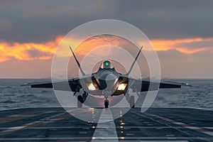 F-22 Raptor jet making a vibrant touchdown on an aircraft carrier at sunset