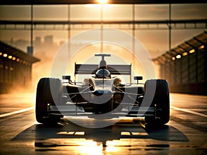 F1 car backlit, driving through the ciercuit at sunset.F1 racing concep- AI generated