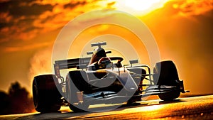 F1 car in full race with blurred sunset background. Side vieww picture . AI generated