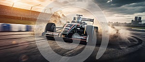 F1 race car on the track. Champion Racing car driver in the lead. Generative AI
