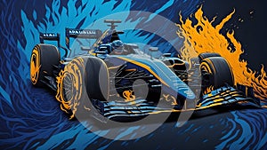 F1, racing car, one car, front view, blue and black color basically, fire back ground, ultra realistic