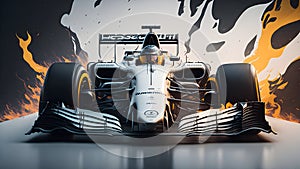 F1, racing car, one car, front view, white and black color basically, fire back ground, ultra realistic