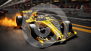 F1, racing car, one car, front view, yellow and black color basically, fire back ground, ultra realistic