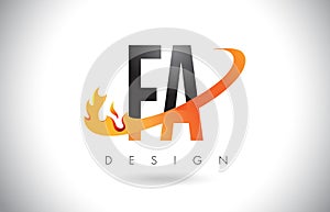 FA F A Letter Logo with Fire Flames Design and Orange Swoosh.
