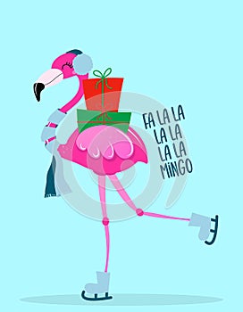 Fa la la la flamingo - Calligraphy phrase for Christmas with cute flamingo girl.