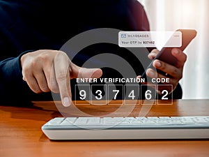 2FA or two factor authentication, cyber security concept. Password code number for enter verification code showing on computer