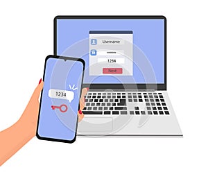 2FA Two Step Authentication.Unlocking via mobile phone. Vector flat illustration.