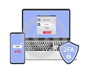 2FA Two Step Authentication.Unlocking via mobile phone. Vector flat illustration.
