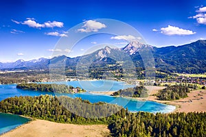 Faaker See lake and Mittagskogel mountain in Carinthia, Austria