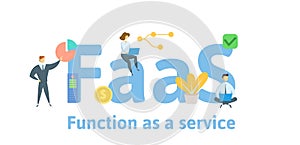 FaaS, Function as a Service. Concept with people, keywords and icons. Flat vector illustration. Isolated on white