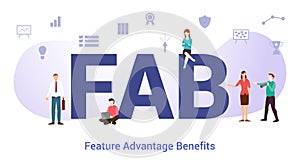 Fab feature advantage benefits concept with big word or text and team people with modern flat style - vector