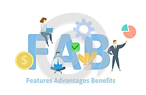 FAB, Features Advantages Benefits. Concept with keywords, letters and icons. Flat vector illustration on white