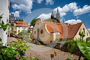 Fable fairy tale Meissen old town. Beautiful Albrechtsburg Castle. Old orange tiled roof buildings. Dresden, Saxony, Germany.