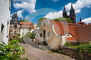 Fable fairy tale Meissen old town. Beautiful Albrechtsburg Castle. Old orange tiled roof buildings. Dresden, Saxony, Germany.