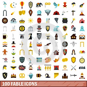 100 fable icons set, flat style