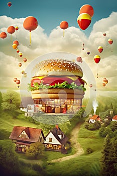 The Fabolous American House of Burger in the Happy Village of the Hamburger. Generative AI (Real 300 DPI)