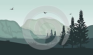 Fabolous scenery trees and mountains in the morning. Vector illustration