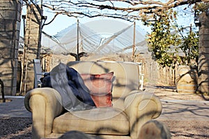 Fabric armchair in sunlight under a pergola