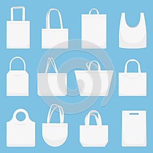 Fabric bag. Eco canvas bags, white shopping bagful and beach cloth handbag vector illustration set