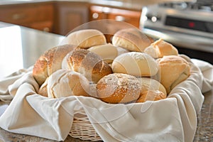 fabric basket with assorted bread rolls on a kitchen counter