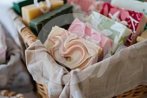 fabric basket with a selection of handmade soaps and lotions