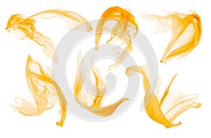 Fabric Cloth Flowing on Wind, Flying Blowing Yellow Silk, White Isolated