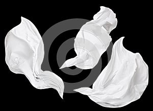 Fabric Cloth Flowing on Wind, Set of Flying Fluttering White Silk Textile Pieces, Isolated