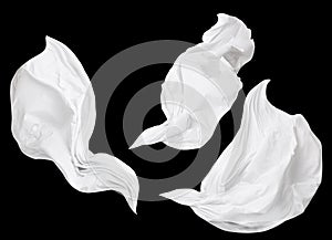 Fabric Cloth Flowing on Wind, Set of Flying Fluttering White Silk Textile Pieces, Isolated photo