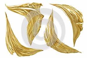 Fabric Cloth Flying on Wind, Set of Fluttering Gold Silk Pieces as Sails, White